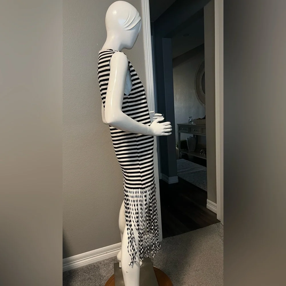 ZARA black/white striped fringed midi dress size S - Picture 3 of 9